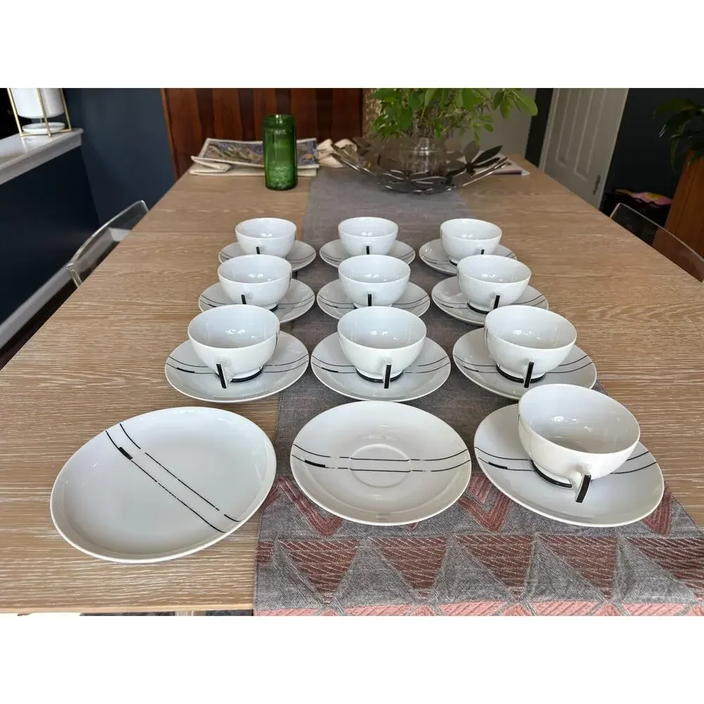 Vintage Ćmielów Poland Porcelain Coffee Tea Set - MCM Black Line Geometric